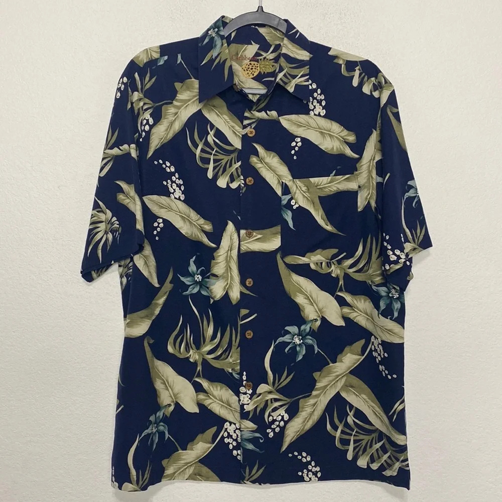 Caribbean Floral Silk Blend Hawaiian Blue/Cream/Green Short Sleeve Shirt Size M